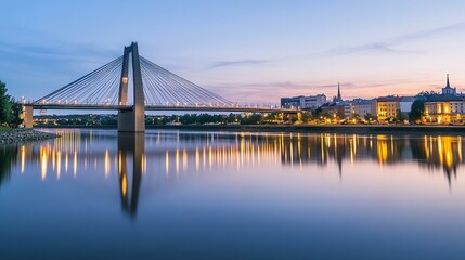 Fototapeta premium An iconic suspension bridge glowing in the dusk, its reflection rippling on calm water, with a tranquil city skyline setting the perfect tourism atmosphere. 