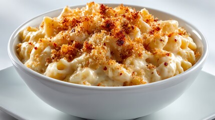 Delicious creamy mac and cheese in a white bowl with crispy breadcrumbs. A cozy, comforting food shot on a white background. Perfect for food lovers.
