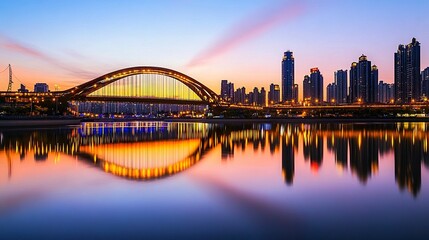 Naklejka premium An iconic suspension bridge glowing in the dusk, its reflection rippling on calm water, with a tranquil city skyline setting the perfect tourism atmosphere. 
