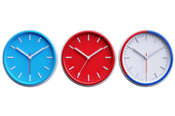 Three modern wall clocks with blue, red, and white faces display different times side by side. Png, Transparent background.