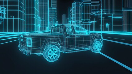 Futuristic pickup truck on a city street, rendered in a wireframe style