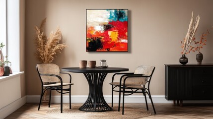 Abstract art decorates modern dining room