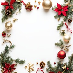 Festive Christmas Decoration Frame with Red Poinsettia Golden Baubles and Green Pine Branches on White Background for Holiday Season Celebration