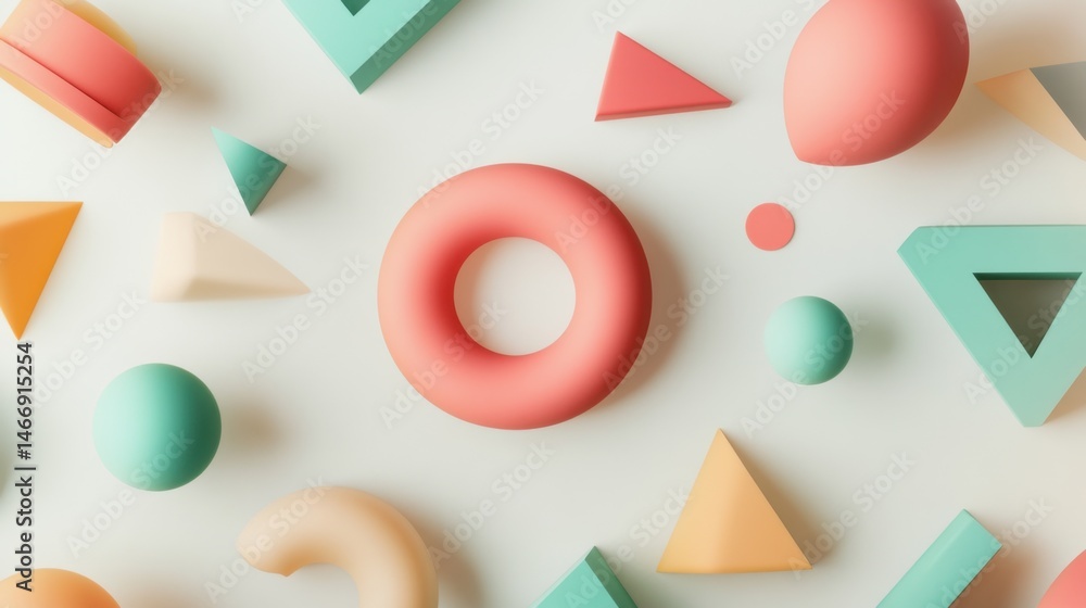 Poster clean white background with floating geometric shapes in pastel color palette