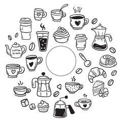Doodle Cute coffee shop icons. Cartoon Outline hand drawn for coffee and bakery for cafe menu