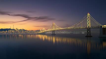 Fototapeta premium An illuminated suspension bridge glowing at twilight, its elegant cables reflecting in serene water below, with a tranquil cityscape in the dusky background. 