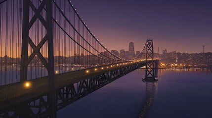 Obraz premium An illuminated suspension bridge glowing at twilight, its elegant cables reflecting in serene water below, with a tranquil cityscape in the dusky background. 