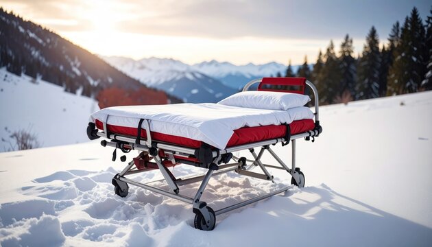 Hospital Bed in Snowy Mountain Landscape