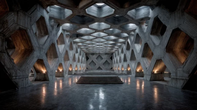 Sci-Fi Brutalist Labyrinth in Dim Ambient Light