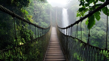 An old rope bridge hanging precariously above a jungle waterfall, mist rising from the tumbling water to envelop the surrounding lush vegetation. 