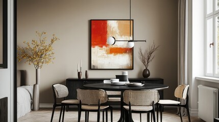Modern apartment dining room, abstract art, calm background, home decor