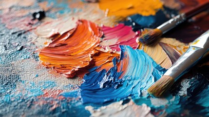 Obraz premium Ultra-sharp image of colorful impasto-style paint swirls on a rough, grainy canvas. Features a mixture of warm and cool tones in heavy strokes with flowing motion and deep tactile presence.