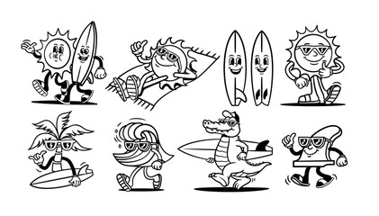 Retro cartoon summer surf vector set. Sun, surfboard, wave, palm tree, alligator characters. © cddesign.co
