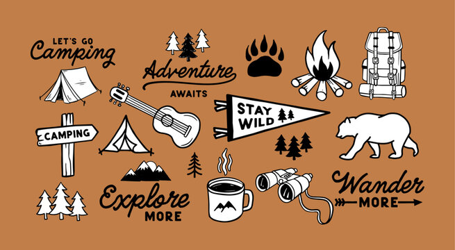 Hand-drawn camping and outdoor adventure vector set with gear, mountains, campfire, tents, trees and quotes.