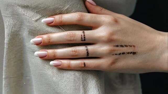 Hand with henna style tattoos and manicured nails