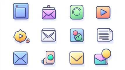 Communication and collaboration icons with email, chat, video, and document sharing symbols