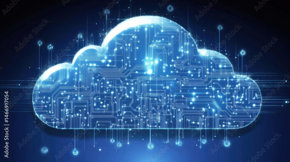 Poster digital cloud background with circuit overlays and abstract connections