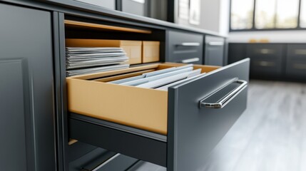Filing cabinet drawer open with labels, folders, and envelopes inside