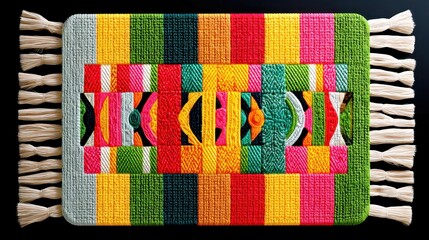 Fototapeta premium Ghanaian Kente Mat, vibrant woven bands of red, yellow, green, and black create intricate patterns symbolizing culture and heritage, ideal for decor or textile appreciation.