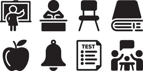 Set of eight black icons representing educational subjects and school related imagery