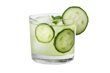 Refreshing cocktail with cucumber slices, ice cubes, and a mint garnish served in a clear glass. Png, Transparent background.