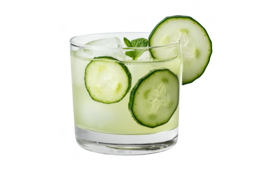 Refreshing cocktail with cucumber slices, ice cubes, and a mint garnish served in a clear glass. Png, Transparent background.
