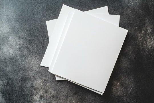 Blank white brochures stacked on dark surface.  Several sheets of pristine white paper, creating a stack of brochures.  The glossy white sheets contrast sharply with the textured, dark gray background