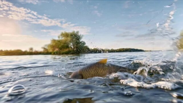 carp fish jumping out of water with splash on river