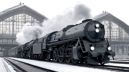 Naklejka premium Vintage steam train at a snowy station