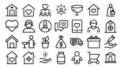 Line Art Style Icons Representing Homelessness Social Services Aid Programs Shelters and Humanitarian Assistance Visuals for Awareness and Outreach