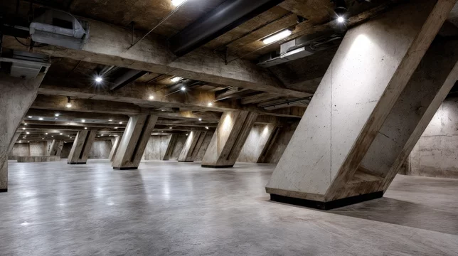 Brutalist Underground Hall with Sharp Wall Geometry