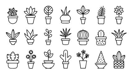 Stylish minimalist icon pack featuring line drawings of indoor houseplants designed for botanical themes modern home design nature inspired branding and garden tools apps