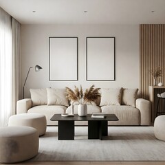Frame mockup, ISO A paper size. Living room wall poster mockup. Interior mockup with house background. Modern interior design. 3D render 