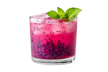 A vibrant pink dragon fruit cocktail garnished with mint leaves and ice cubes in a clear glass. Png, Transparent background.