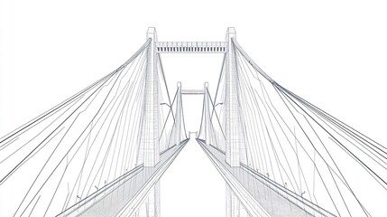 Fototapeta premium Clean technical diagram of a suspension bridge, showcasing detailed structural elements like pylons, cables, deck, and foundation with clear labels. Minimalist, blueprint style. 