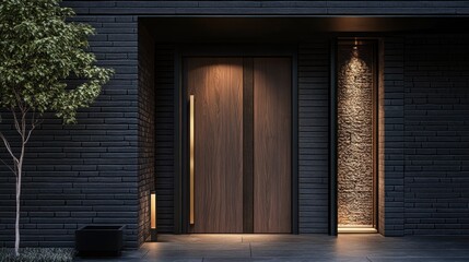Modern dark brick house entrance, night, landscaping