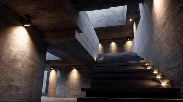 Raw Concrete Geometry with Sculptural Staircase