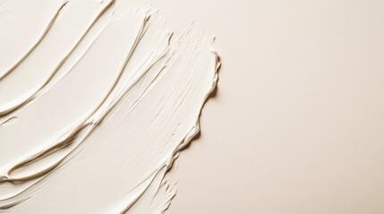 Close-up of smooth white cosmetic cream or makeup foundation smeared on a soft beige background. Generative AI