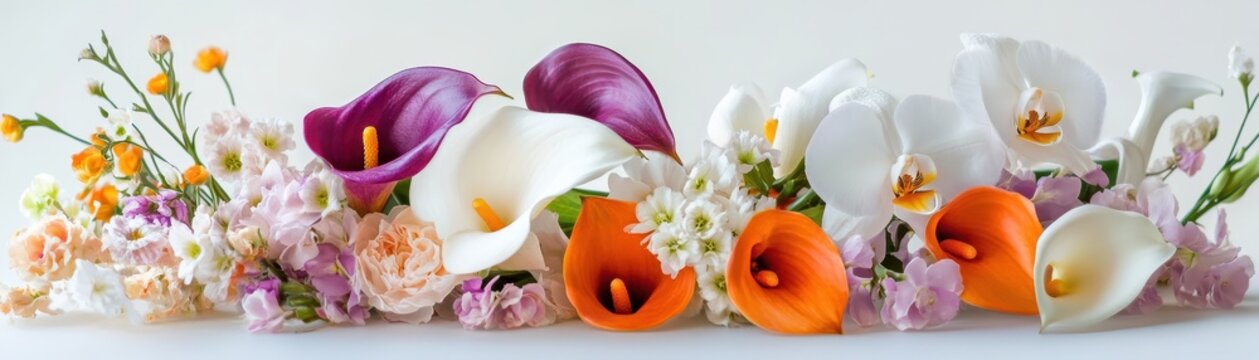 Floral Arrangement with Calla Lilies and Orchids in White Purple and Orange Blossoms with Spring Colors in Decorative Botanical Display on White Background