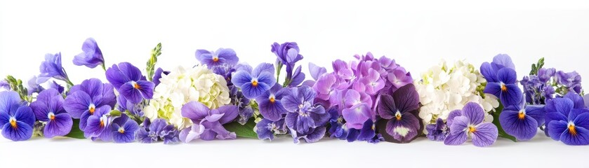 Obraz premium Floral Arrangement with Purple and White Pansies on White Background Creates a Fresh Elegant Border in Soft Lighting and High Detail
