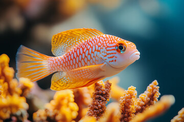 Obraz premium Colorful Striped Tropical Fish Swimming Among Coral in a Bright Underwater Sea Nature Habitat, generative ai