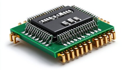 Precision in Technology: This photo showcases a detailed view of a high-tech electronic microchip, representing the complex inner workings of modern technology. The microchip.