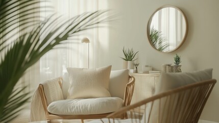 Sunny living room, comfy chairs, plants, calm