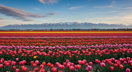 Spring Panorama: Colorful Tulip Fields and Majestic Mountains - Vibrant tulip field, rows of colorful blooms, majestic mountain backdrop, stunning spring landscape, serene nature scene
