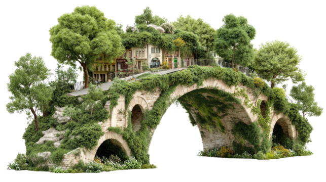 Arched Bridge Sanctuary: An enchanting architectural scene, featuring an ancient arched stone bridge adorned with lush greenery, a testament to enduring structure.