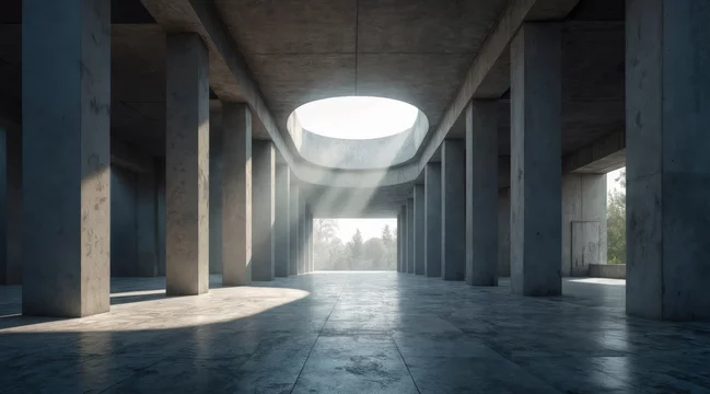Brutalist Concrete Hall with Harsh Shadows