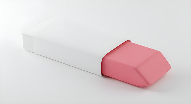 Rectangular plastic eraser with paper sleeve, centered on white surface