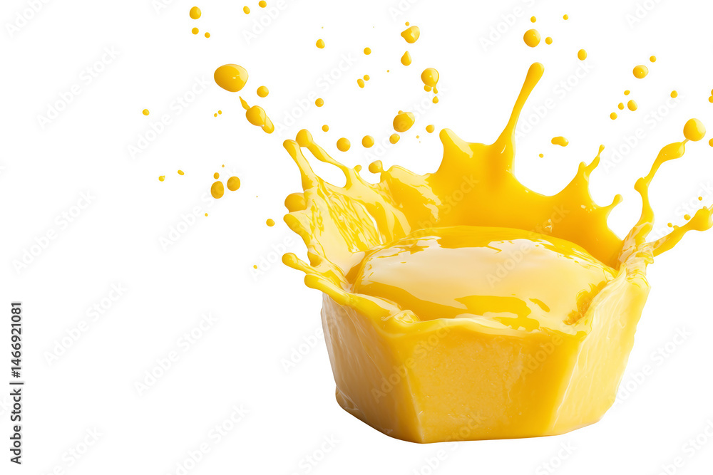 Poster yellow liquid splashes dynamically from a geometric container, creating an energetic and eye-catchin