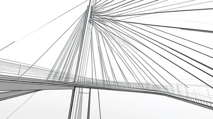 Obraz premium High-precision technical drawing of a cable-stayed bridge, illustrating steel pylons, tensioned cables, and deck structure in a clean, black-and-white schematic 