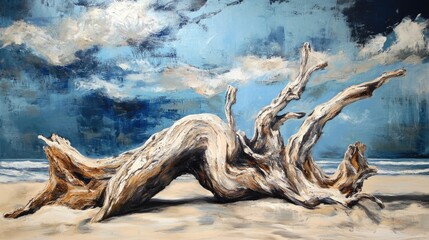 Intricate Driftwood Sculpture on a Sandy Beach Under a Dramatic Sky: A Coastal Art Piece